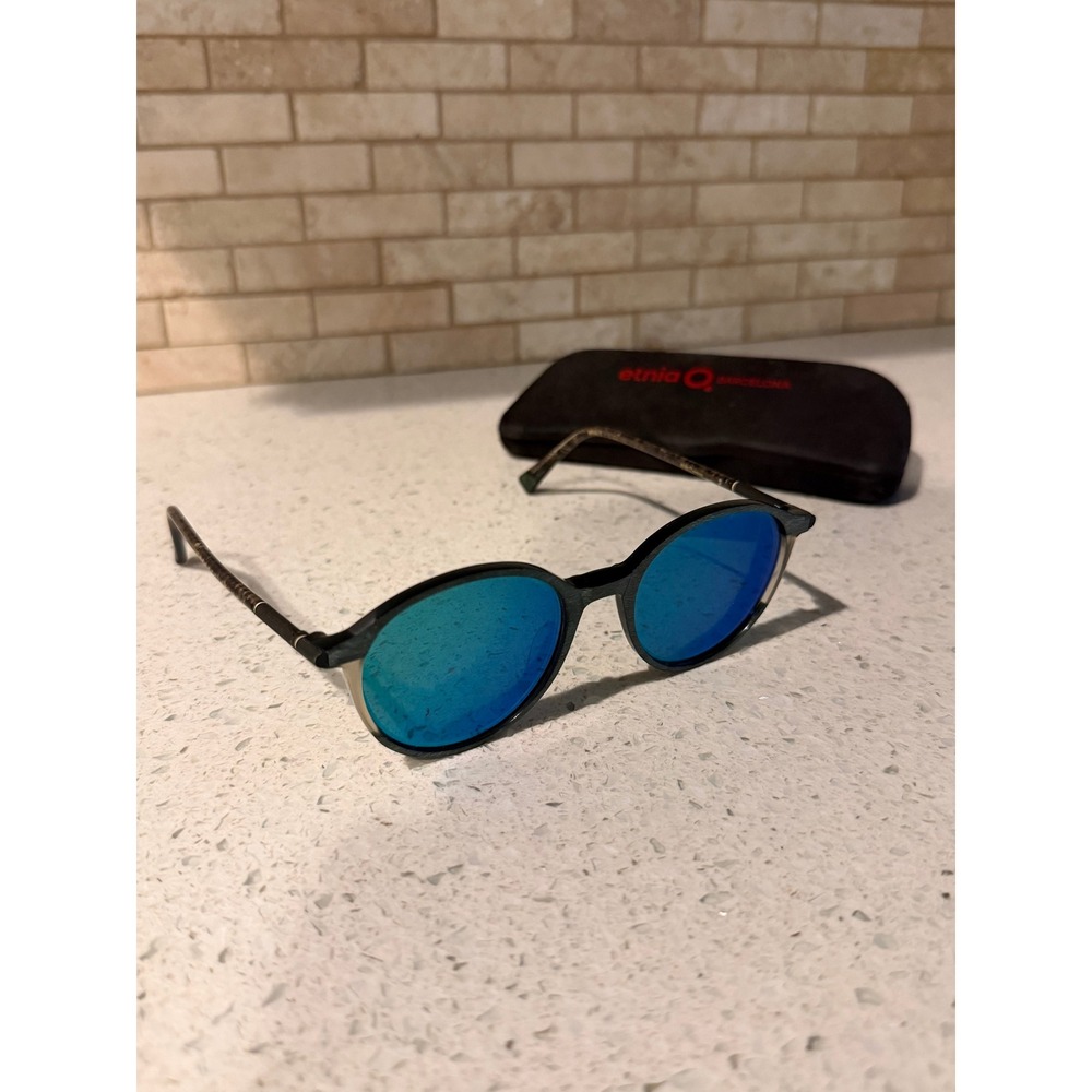 Etnia Barcelona Sunglasses Blue Mirrored Round Frame Tortoise with Hard Case